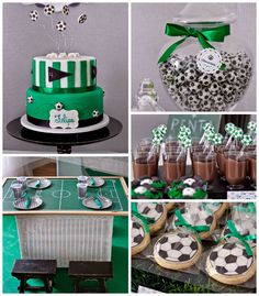 a collage of photos with soccer themed items and desserts on display in them