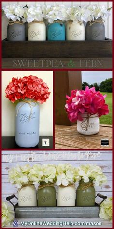 four different pictures with flowers in mason jars