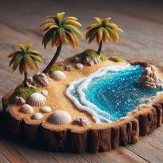 a miniature beach scene with palm trees and seashells on a wooden table top