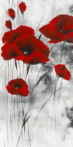 an abstract painting of red poppies on a white and gray background with black accents