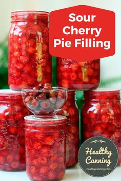 sour cherry pie filling in jars with text overlay