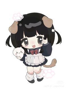 an anime character with black hair and white dress holding a cat in her hands,