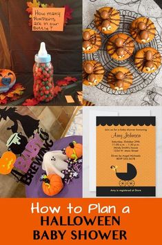 a collage of halloween themed baby shower items