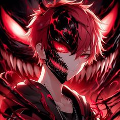 an anime character with red hair and demon wings on his face, staring at the camera