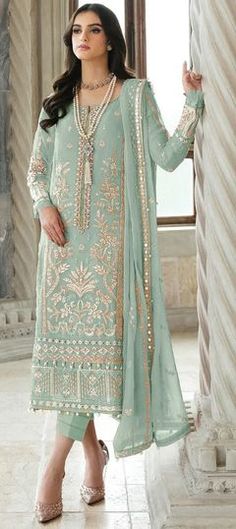 Green color Salwar Kameez in Faux Georgette fabric with Embroidered, Sequence work Sky Blue Dupatta, Georgette Salwar Suit, Plus Size Lehenga, Designer Suits Online, Pakistani Dresses Online, Latest Salwar Kameez, Pakistani Suit, Plus Size Suits, Salwar Kameez Online