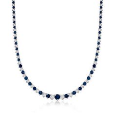 Ross-Simons - 8.75ct t.w. Sapphire, 1.50ct t.w. Diamond Tennis Necklace. 18". Indulge in the luxury of sapphires and diamonds at an affordable price! This magnificent tennis necklace features 8.75 ct. t.w. round sapphires illuminated by 1.50 ct. t.w. round brilliant-cut diamonds in polished sterling silver. Graduates from 1/16" to 3/16" wide. Single-latch safety. Push-button clasp, diamond and sapphire tennis necklace. Diamond birthstones are the perfect gift for April birthdays. Luxury Round Sapphire Diamond Necklace, Formal Blue Diamond Necklace, Luxury Blue Diamond Cut Necklace, Formal Sapphire Diamond Necklace With Brilliant Cut, Formal Sapphire Necklace With Single Cut Diamonds, Formal Sapphire Diamond Necklace In Fine Jewelry Style, Classic Sapphire Diamond Necklace For Formal Occasions, Sapphire Diamond Necklace For Formal Occasions, Classic Sapphire Necklace For Formal Occasions