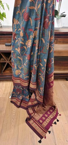 Beautiful Pen Kalamkari/ Hand Drawn Gadwal Saree, blouse to be customized. Product ships immediately within US. Blouse can take 2-3 weeks Beautiful Pen, Saree Blouse, Silk Saree, 3 Weeks, Silk Sarees, Hand Drawn, How To Draw Hands, Saree, Pen