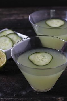 three glasses filled with cucumber and lime juice