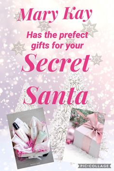 an advertisement for mary kay's secret santa gift set with gifts in pink and white