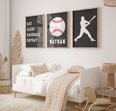 a bedroom with two baseball posters on the wall