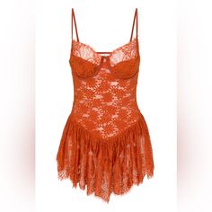 New With Tags! Shades Of Blonde ‘Flutter’ Corset Bodysuit Dress Size: Various Color: Burnt Orange Lace Corset Style Retails At $89 Details Shades Of Blonde’s Flutter Bodysuit Dress Is Sure To Garner Compliments! Worn Over Leggings Or Pantyhose For That Fashionista “No Pants” Miu Miu Look, Or Worn For Nights Inside, The Flutter Bodysuit Brings On The Heat! Bodysuit Style - Button Closure On Bottom Lace - Unlined - Sheer Designed In Los Angeles Summer Lace Mini Dress In Coquette Style, Coquette Lace Mini Dress For Summer, Summer Coquette Lace Mini Dress, Coquette Summer Lace Mini Dress, Coquette Summer Dress For Night Out, Flirty Lace Summer Dress, Elegant Summer Dress With Lined Body, Elegant Lined Summer Dress, Coquette Summer Dress For Date Night