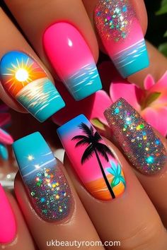 Cabo San Lucas Nail Ideas, Neon Vacation Nails, Tropical Nails, Colorful Nail Art, Colorful Nail, Vibrant Nails, Vacation Nails, Bright Nails