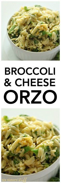 broccoli and cheese orzo in a white bowl with the title above it