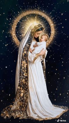 a painting of the virgin mary holding a child in her arms with stars above it