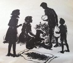 black and white drawing of people standing in front of a tree with an infant sitting on the ground