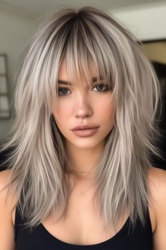 Ash Blonde Shag Haircut, Long Blonde Shag Haircut No Bangs, Platinum Wolf Cut, Medium Layer Haircut, Platinum Blonde Shag, Bardot Haircut, Edgy Blonde Hair Grunge, Shag Blonde, Shaggy Medium Hair With Bangs