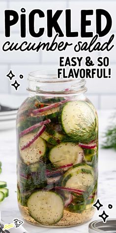 pickled cucumber salad in a jar with text overlay