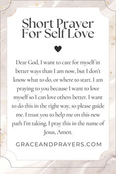 a prayer card with the words,'short prayer for self love'on it