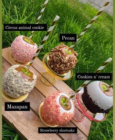 the different types of donuts are on display