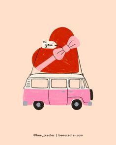 a pink van with a heart on the roof and a bow around it's neck