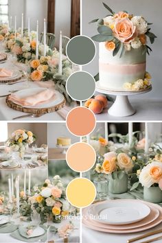 an image of a table setting with peach and grey color palettes for the wedding