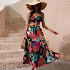 Boho Style Floral Two Piece Crop Top and Skirt Set – Boho Beach Hut Calf Release, Women Silhouette, Floral Print Maxi Skirt, Chiffon Style, Mid Calf Skirt, Crop Top Skirt Set, Bohemian Style Clothing, Maxi Rok, Boho Style Outfits