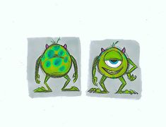 two green monsters with blue eyes are standing in front of each other and facing opposite directions