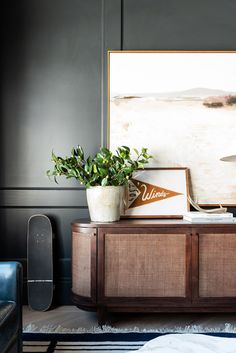 a living room scene with focus on the entertainment center and plant in the foreground