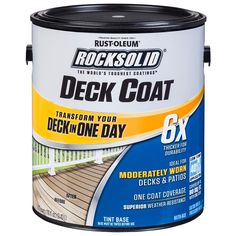 Rust-Oleum RockSolid 6X Deck Coat is a water-based coating designed for resurfacing moderately worn decks and patios. RockSolid Deck in a Day Program eliminates the need for stripping and sanding. Use RockSolid Deck Cleaner and Deck Start Wood Primer prior to application for project completion in only 1 day. Rust-Oleum RockSolid Tintable Satin Solid Water-based Exterior Resurfacer (1-Gallon) in White | 300113A Old Deck Makeover, Old Deck Makeover Diy, Painted Decks Colors Ideas, Grey Deck Paint, Painted Decks, Decks And Patios, Wood Primer, Deck Repair