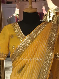 Mango Yellow Saree With Contrast Blouse, Hand Work On Blouse, Danka Work, Tie And Dye Saree, Work On Blouse, Leheriya Saree, Saree Blouse Styles, Yellow Saree, Red Saree