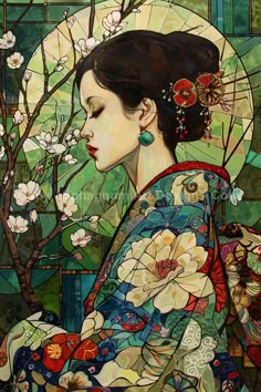 a painting of a woman with flowers in her hair