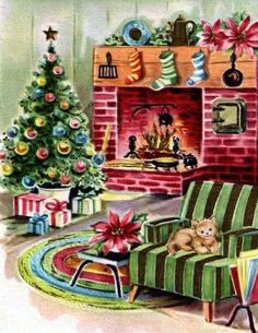 a painting of a living room decorated for christmas with presents and a cat sitting in the chair