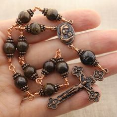 Antique copper single decade rosary Handmade Spiritual Rosary With Oval Beads, Spiritual Rosary Bracelet For Jewelry Making, Bronze Rosary With Round Beads As Gift, Bronze Rosary As Gift, Handmade Bronze Rosary As A Gift, Handmade Bronze Spiritual Rosary, Handmade Spiritual Bronze Rosary, Handmade Brown Crucifix Jewelry, One Decade Rosary