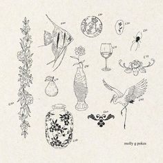 an old drawing of various vases and flowers on a white paper background with the words, mostly by posies