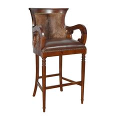 an upholstered bar stool with a leather seat and armrests, made in the style of louis ii