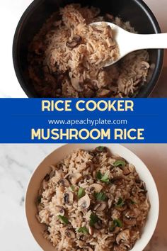 rice cooker and mushroom rice in a bowl with the words rice cooker above it