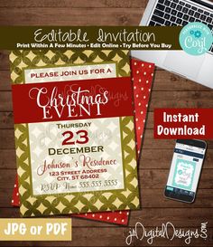 christmas party flyer with laptop and phone on the table next to it, including an image of