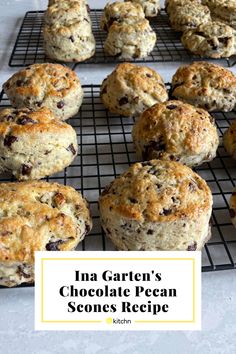 an image of some cookies cooling on a rack with the words ina garden's chocolate pecan scones recipe