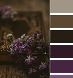 purple and brown color scheme with flowers on wooden table in front of it, from top to bottom