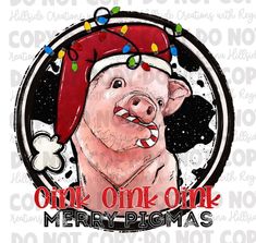 a pig wearing a santa hat with christmas lights on it's head and the words one