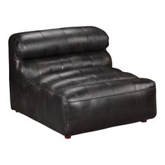 a black leather recliner sitting on top of a white floor