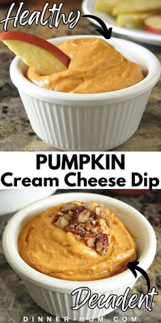 pumpkin cream cheese dip in a white bowl with an apple on top and the recipe below