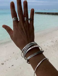 "Do you have a thing for chunky silver jewelry? Check out these silver stacking Bracelets that you Silver Bracelet Aesthetic, Pretty Jewellery Silver, Silver Jewelry Bracelets, Chunky Silver Bracelet, Silver Bracelet For Women, Surf Jewelry, Stacking Bracelets