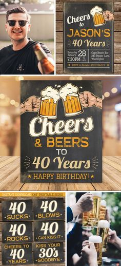 a collage of photos with beer glasses and cheers signs on them, along with the words cheers and beers to 40 years