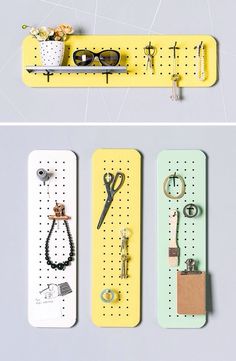 there are three pegboards with different items on them