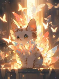 a cat sitting on top of a table surrounded by lots of butterfly like lights and butterflies