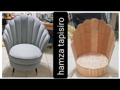 two chairs made out of wooden boards and some fabric on the back one is shaped like an oyster shell