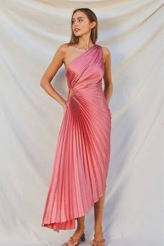 pink pleated one shoulder midi dress with cutout Greek Dress, Simple Studs, Pleated Gown, Dress Wedding Guest, Goddess Dress, One Shoulder Gown, Resort Dresses, Pink Prom Dresses, Pleated Maxi Dress