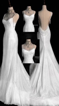 a white wedding dress on display with the back and side views showing it's neckline