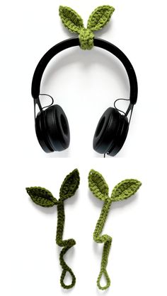 the headphones are made out of yarn and have green leaves attached to each ear